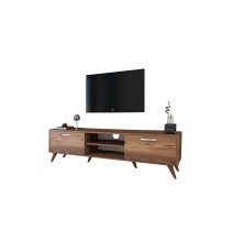 Mueble de TV en Nogal con 2 Cajones y Estantes - 180x35x48.5 cm con Patas de Madera.