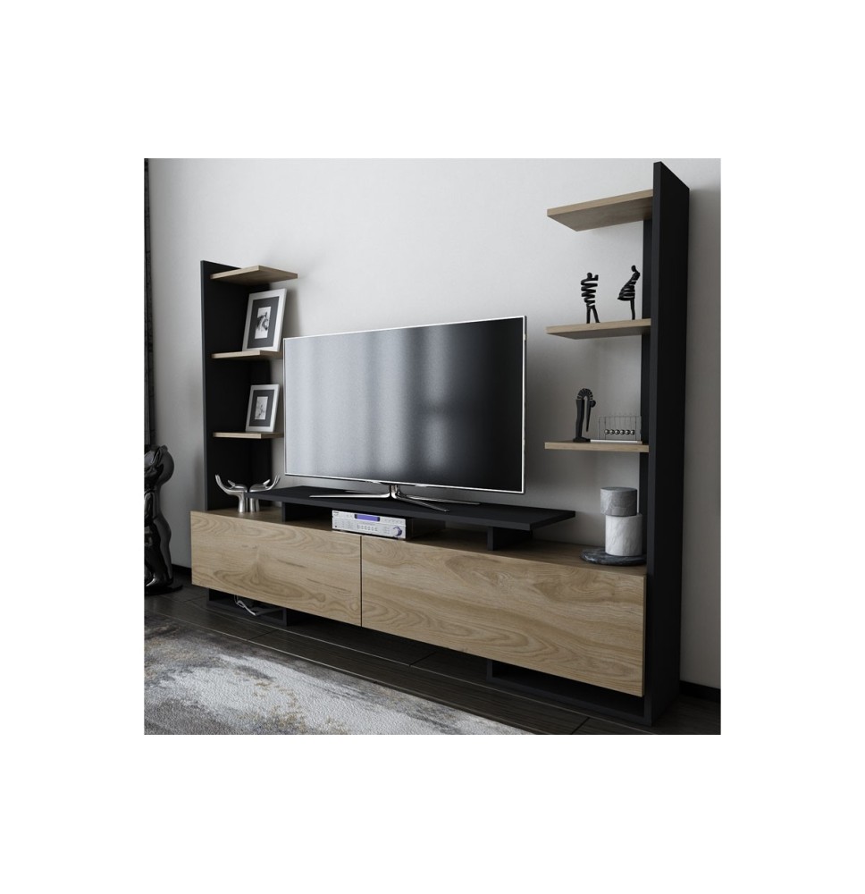 Mueble TV de Nogal y Negro, 183,6x31,5x140cm, con 2 Puertas Abatibles y Múltiples Estantes – Mueble de salón completo Moderno.